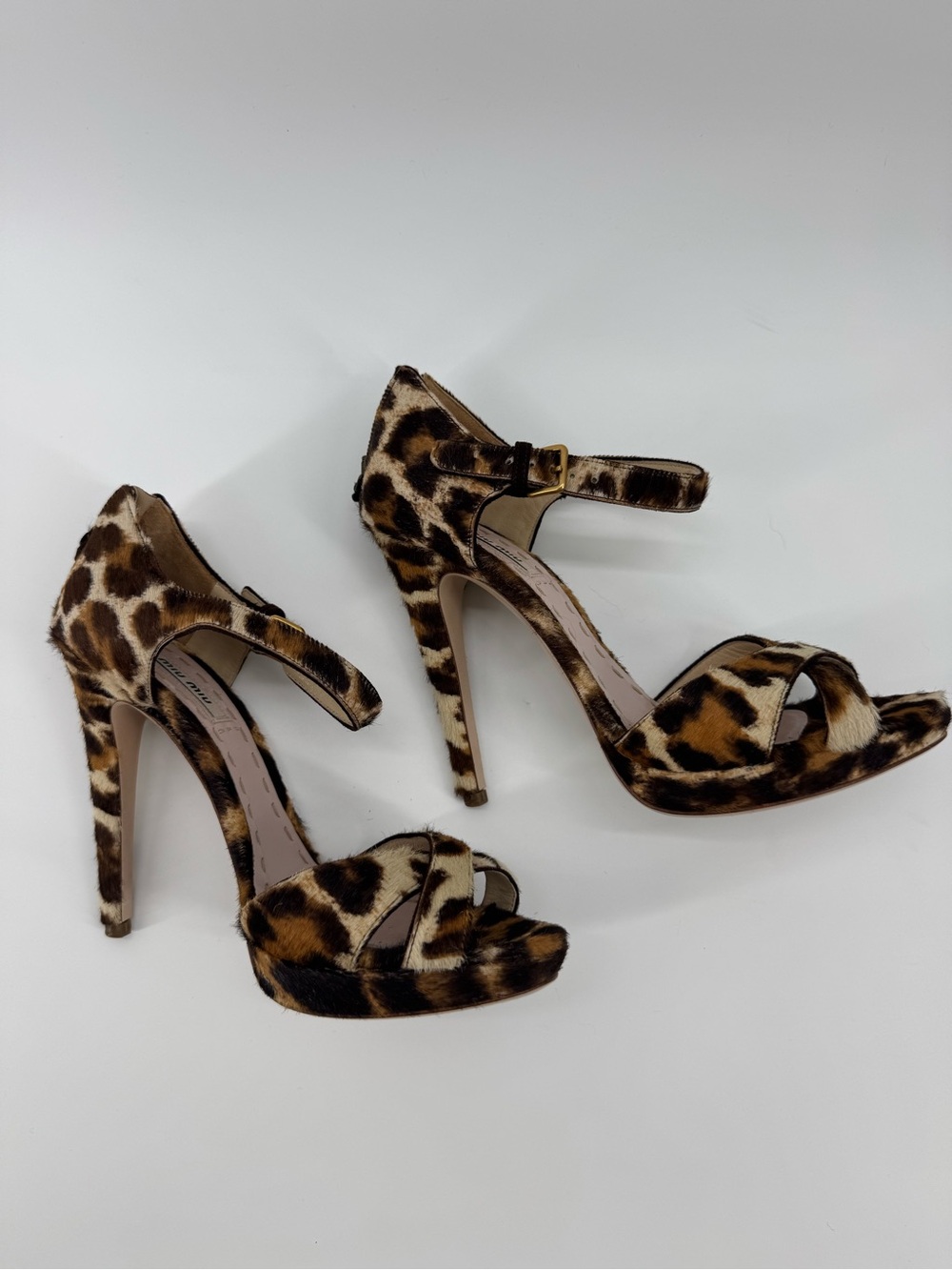 Miu Miu Leopard Print Calf Hair Crisscross Ankle Strap Heels Sz37.5 Authenticate - Picture 3 of 10